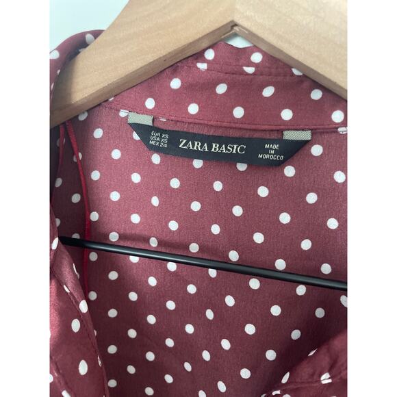 Zara Satin Polka Dot Tunic Top XS Burgundy Hi Low Button Up Blouse Tie Sleeve - Picture 10 of 11